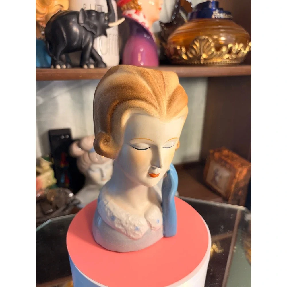 Vintage Mid Century Ceramic Lady Head Vase Blue Glove Blonde Hair 1950s Planter